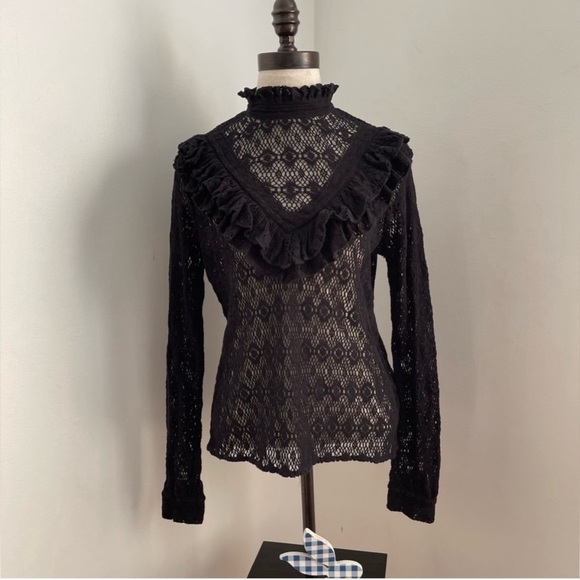 MAJE Limba Long Sleeve High Neck Lace Top Blouse in BLACK - Picture 3 of 11